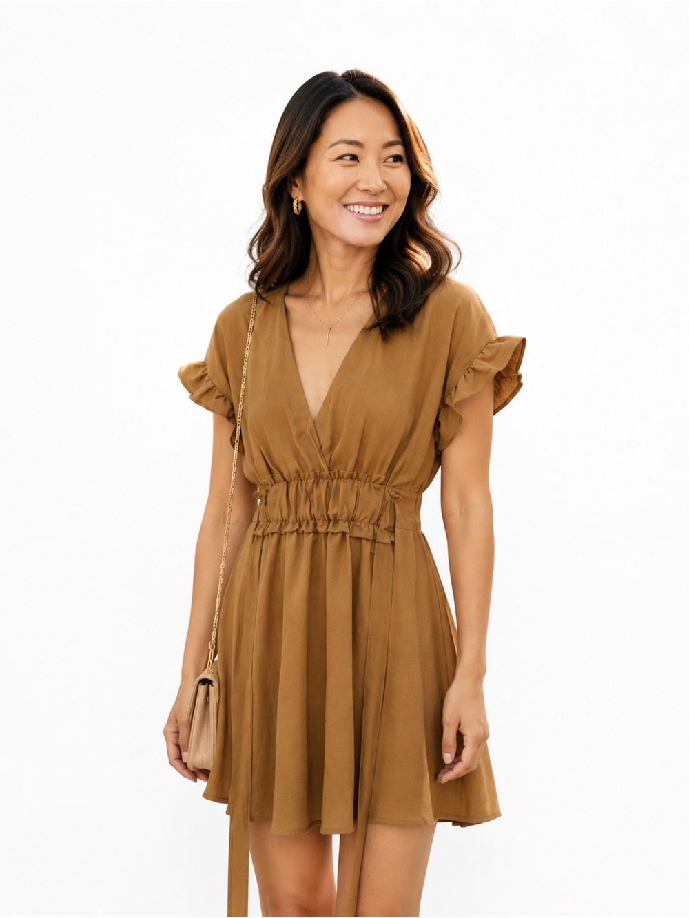Zara Ruffle Sleeve Keyhole Back Cinched Waist Brown Mini Dress Size Small